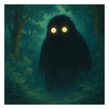 mysterious shadowy monster with glowing eyes in a magical forest background in ghibli style sticker