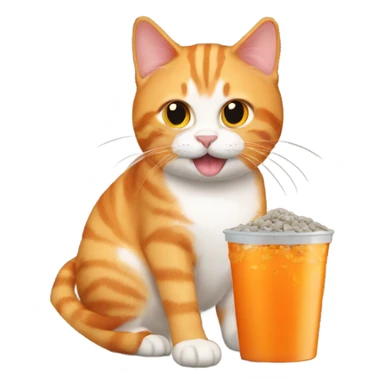 An orange cat that is eating dogs food sticker