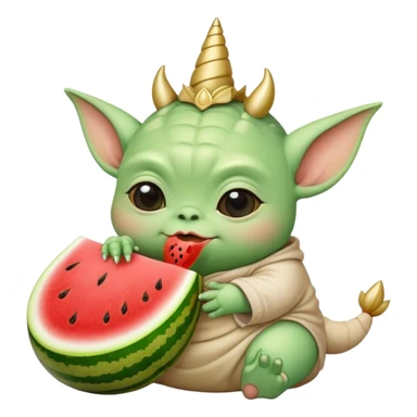 Fat baby Yoda eating watermelon and chicken on a unicorn sticker