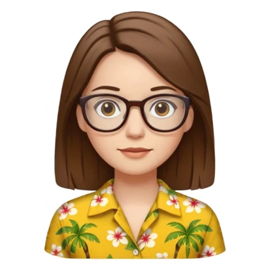 Hawaii female with white skin. Shoulder length straight brown hair. Brown eyes with glasses. Female wearing yellow Hawaiian print shirt. sticker