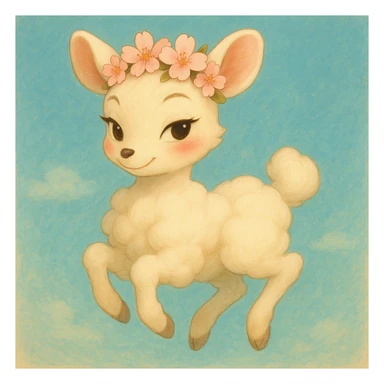 Transform this feminine vanilla cloud doe with rosy cheeks and cherry flowers on its head, floating gracefully, into a soft Ghibli-inspired style while keeping Pixar-inspired charm. Emphasize confidence, charm, and subtle allure, suitable for a social media brand mascot. The result should be dreamy, whimsical, and elegant, blending Ghibli and Pixar influences for brand identity. sticker