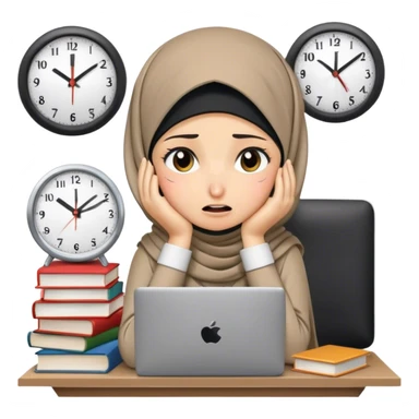 hijabi girl, books, pc, clock looking super stressed, suffering and crying sticker