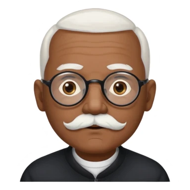 an elderly man with medium-dark skin tone, bald on top with short white hair at the sides, thick white eyebrows, large brown eyes, and wears black-framed glasses.
A small white beard sits above his mouth sticker