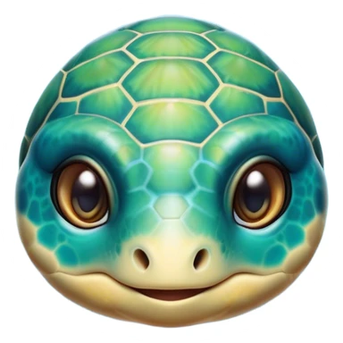 Cinematic Cute Sea Turtle Portrait Emoji, Head tilted playfully and inquisitively, featuring a charming, compact form with a beautifully patterned, domed shell and gentle, sparkling eyes full of oceanic wonder, Simplified yet irresistibly adorable features, highly detailed, glowing with a warm, friendly sea glow, high shine, affectionate and lively, stylized with a touch of whimsical marine charm, soft glowing outline, capturing the essence of a mischievous yet loving sea turtle that seems as if it could swim out of the screen into your arms! sticker