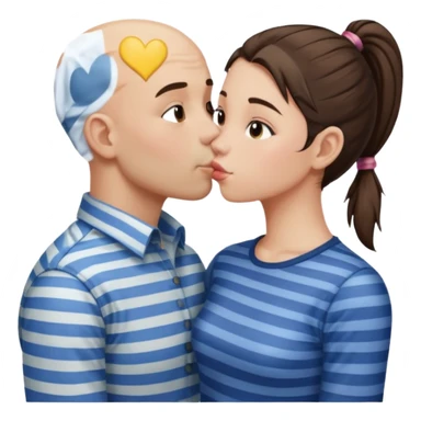 Tall Bald boy kissing a brunette girlie girl with a ponytail with a striped shirt sticker