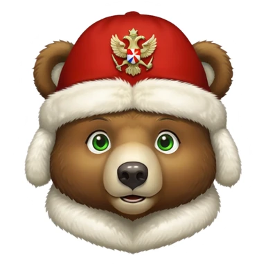 Cute Russian brown bear head with friendly expression and bright green eyes, wearing white furry ushanka hat with realistic double-headed eagle coat of arms centered sticker