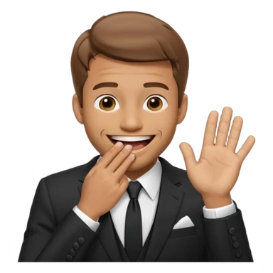 a man in a formal suit laughs, covers his mouth with his hand sticker