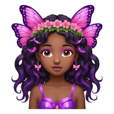 Black girl fairy with long wavy black hair, pink and purplered butterfly wings sparkly sticker