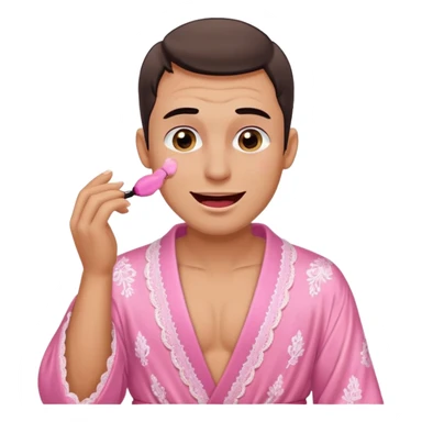 male getting sissified in lingerie by his smug wife. the wife is crying with laughter. she is doing the males makeup sticker