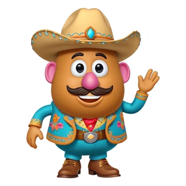 Create a 3D Pixar-style Mr. Potato Head character with a rounded, slightly uneven shape, expressive eyes, a wide smile, and cartoonish limbs, dressed in a colorful suit with intricate embroidery, a vibrant cowboy hat adorned with a feather sticker