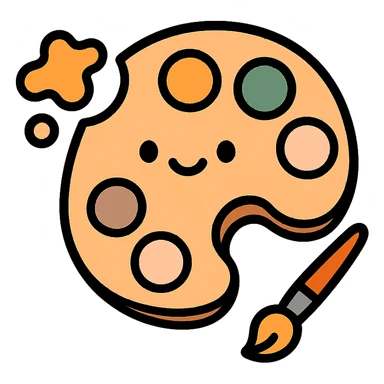 A cute and charming artist’s paint palette with dabs of paint in a warm, cozy color scheme: golden orange (FA9B41), deep forest green (4A7C5C), muted taupe brown (96775A), and pastel peach (FFCC9A). The wooden palette has a soft, rounded shape with a smooth finish, and the paint blobs are arranged neatly like little candy drops. Some splashes of color are playfully smeared nearby, and a tiny paintbrush rests beside the palette. The overall mood is light, artistic, and whimsical, with soft lighting and a gentle, creative atmosphere — perfect for a dreamy, storybook-style illustration. sticker