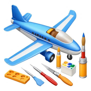 photorealistic icon featuring model-building tools like glue, paint, paintbrushes, pieces of a plastic model airplane in the process of being assembled. The design includes detailed textures of the model pieces and tools, capturing the focus and creativity of model building. Transparent background. sticker