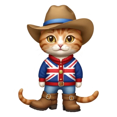cat wearing union jack sweater and big cowboy hat and cowboy boots sticker
