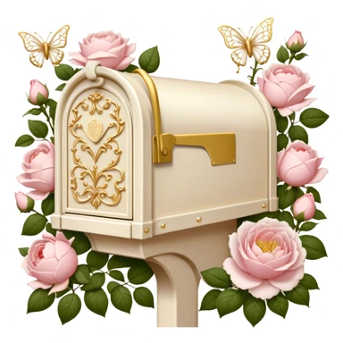 A vintage-inspired letterbox scene, where an old-fashioned ivory mailbox with golden filigree stands in a blooming rose garden, overflowing with love letters adorned with pressed blush roses and white peony petals, with pearl butterflies fluttering nearby. sticker