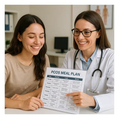 young woman consulting a nutritionist, both smiling, nutritionist showing a specific PCOS meal plan, supportive atmosphere, realistic details, medical office background sticker