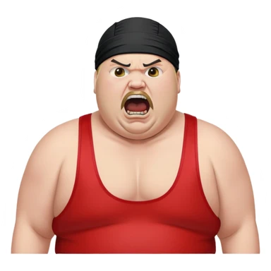Extreme close-up of face of morbidly obese white skin guy with young face, prominent BLACK DURAG tied clearly on head, black beard but no mustache, clean shaven upper lip, black eyes in a red and black wrestling singlet with mouth wide open screaming angrily sticker