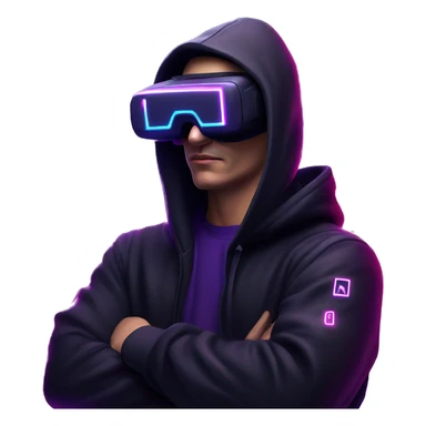 Russian man wearing a black hoodie with "OMG" letters on it and VR headset in a cyberpunk VR environment with violet neon lighting. sticker