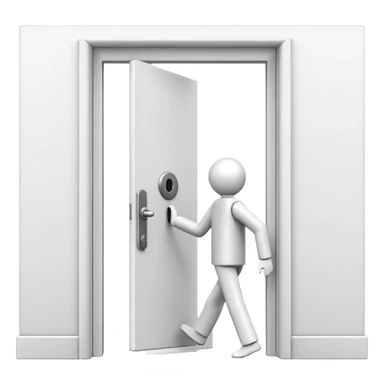 minimalistic icon of a white human figure walking through an open outlined door, viewed from the front, door with visible doorknob, solid green background, flat simple clean lines, high contrast sticker