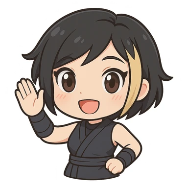 Make this exact chibi ninja girl wave upward, keeping the same anime chibi style, face, outfit, and colors. Only change the arm position for animation. Transparent background, sized for Twitch emoji use. sticker