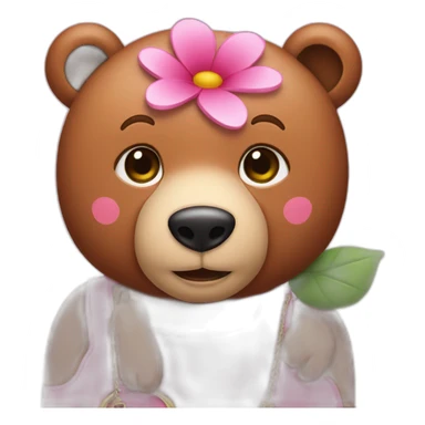 A large pink bear with a pink flower on its head and a brown handbag sticker