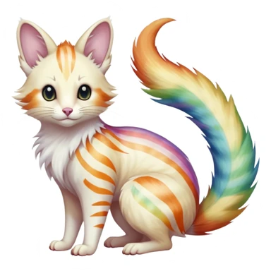  Realistic dull gloomy-dark-deep-grayish-indigo-violet-gradients albino fur with random colorful iridescent rainbow markings beautiful elegant pretty precious cute  Fakémon-Pokémon-opossum-feline-serval-caracal-chinchilla-Minccino-hybrid-creature with a big fluffy bushy striped tail (full body) sticker