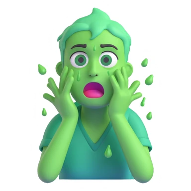 person with a green face, tears streaming down while throwing up, cartoon style sticker