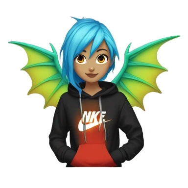 Lady with brunette and iridescent blue hair, gold, lime green dragon wings, black hoodie, bleach dyed, black and gold Nike t shirt, and bright red eyes sticker
