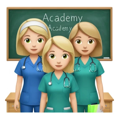 3 different nurses, wearing green and blue work clothes, in a classroom, "Academy" written in white on board sticker
