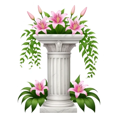 White tall marble pedestal with vines growing on it and pink lilies, beautiful romantic scenery  sticker