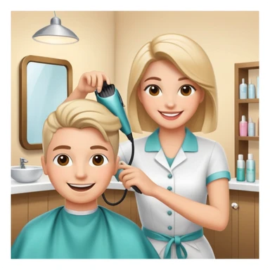 happy woman getting a haircut in a welcoming salon, both client and hairstylist smiling, no threatening elements sticker