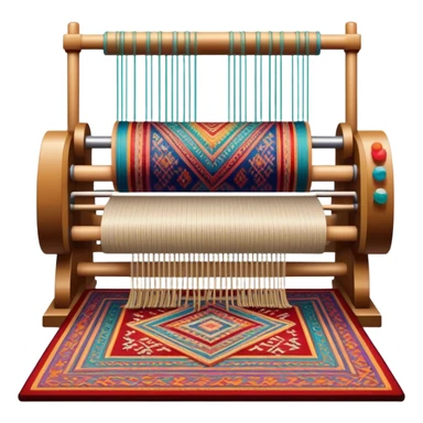 Carpet weaving icon, finished woven carpet with intricate patterns, colorful threads, weaving loom in background, minimalistic style, clean lines, transparent background. sticker