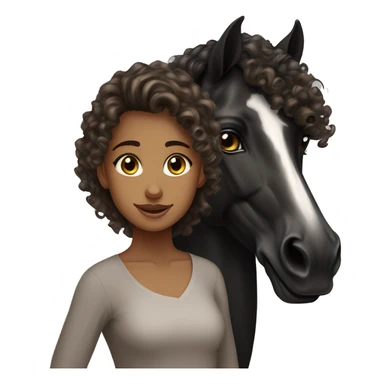 Tan girl, curly hair, beautiful hazel eyes, next to a black Arabian horse sticker