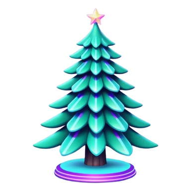 Futuristic glowing Christmas tree emoji with neon decorations, purple and cyan holographic glow, dark background, festive sparkles, no face. sticker