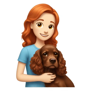 A very cute girl with red hair cuddling a happy brown English Cocker Spaniel. sticker