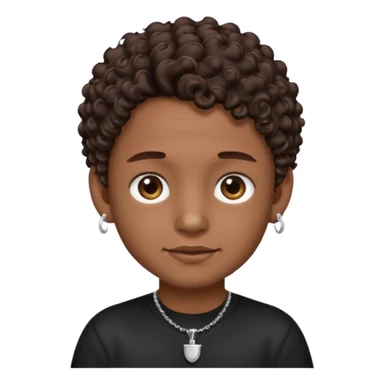 a boy emoji with a milk chocolate skin color, short dark brown curly hair with 2 silver stud earrings on both ears and 2 slits on each eyebrow and is wearing a black shirt with a silver necklace  sticker