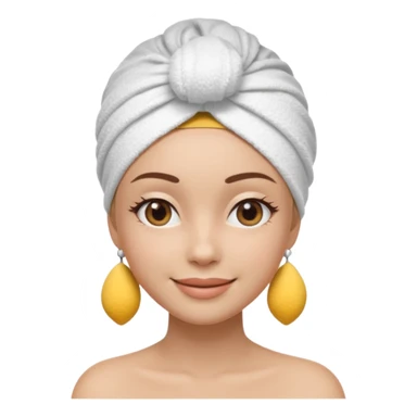 3D emoji style woman with towel head wrap, under-eye patches, smiling softly, clean girl skincare aesthetic, soft studio lighting, smooth skin texture, minimalist beige background, high resolution, PNG sticker