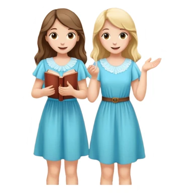 Two girls knocking on a door with a book on their hand happy and nice flowy dresses sticker