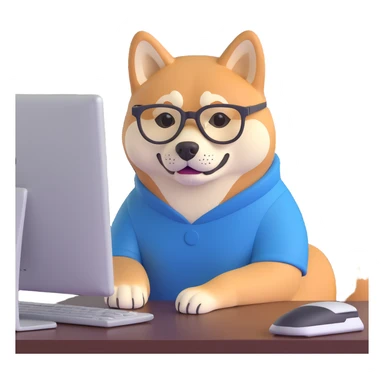 shiba inu with eye glasses and computer sticker