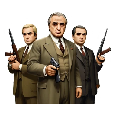 A vintage movie poster-style design featuring Don Vito Corleone surrounded by gangsters with Tommy guns. Include a dark, moody noir atmosphere with skyscrapers of New York in the background. The scene should be tense and mysterious, with a retro cinematic feel. Transparent background. sticker