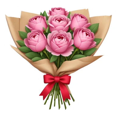 Bouquet of pink flower like rose and peony wrapped in kraft paper with red bow sticker