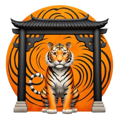Traditional Chinese ink painting style emoji. A powerful tiger (like the ancient character 虎), standing guard in front of mystical gates (門). Energy swirls around him like a vortex (🌀). Minimalist, transparent background, 512x512 pixels. sticker