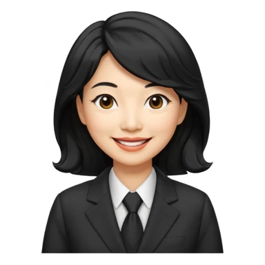 60 yr old asian woman, wavy thick black hair, side part, side swept bang, big smile, business suit sticker