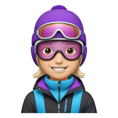 Pro Snowboarder with white and grey beanie, ONE pair of purple and blue frameless goggles on and a black jacket sticker