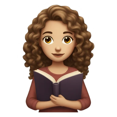 girl with long curly brown hair, she has light, white skin, two moles on her right cheek, brown eyes, holds a book in her hands and reads sticker