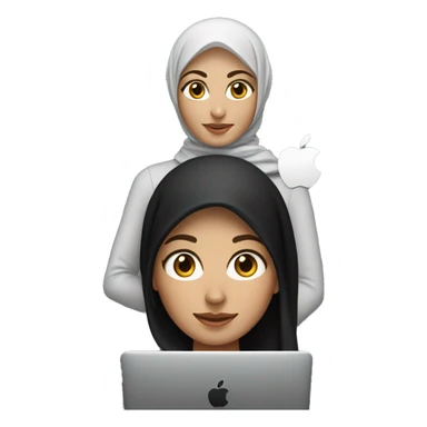 memoji of a female white with a laptop in front, apple-style, modern, hijabi women, black sweater, computer in hand   --ar 1:1 sticker