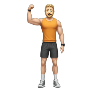 Full height Actively gesturing with hands Pale skinned Fit Man With the biceps and brown hair in dark gray Sleeveless Mike, black oversize sports shorts, watch and white Sneakers sticker