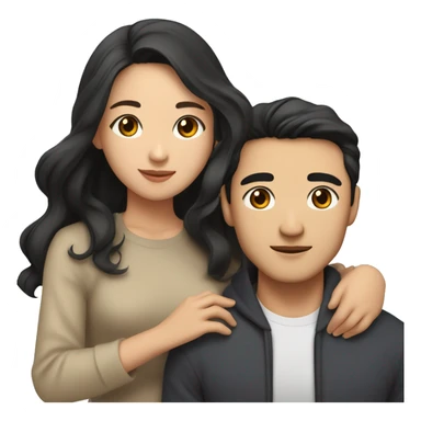 A half pale Asian man with short dark hair and amber eyes embracing and loving a half Asian woman with long wavy dark hair and dark hazel eyes. They love each other a lot And have good fashion taste. And are having a lot of fun sticker