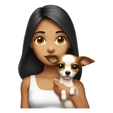 A girl with long very dark brown hair, big brown eyes, very big lips wearing a white singlet top, she is holding a small very chihuahua that is solid yellow sticker