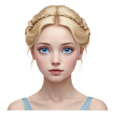 Cinematic Realistic Cinderella Portrait, depicted with lifelike skin texture, subtle rosy undertones, and soft natural lighting that enhances the gentle contours of her face. Her intricately detailed golden blonde hair is elegantly styled in an updo, with delicate wisps framing her face. Her deep, expressive blue eyes radiate warmth and sincerity, reflecting a quiet resilience and grace. She holds a glass slipper gently in one hand, her other hand resting gracefully at her side, emphasizing the timeless beauty of the moment. She is dressed in her iconic ball gown, the fabric shimmering with intricate embroidery and fine translucent layers that catch the light beautifully. The soft sheen of satin gloves adds a magical touch to her graceful pose. The portrait features an enchanting glow with a natural, luminous finish, seamlessly blending realism and fairytale charm to evoke a sense of depth, elegance, and timeless beauty. sticker