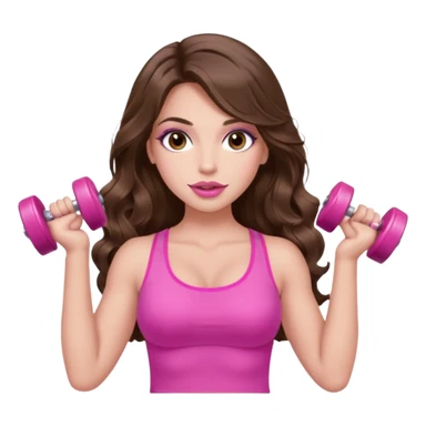 girl with long wavy brown hair, brown eyes, long lashes makeup, sexy pink lips, light to medium complexion, wearing a pink sexy top, lifting a pink dumbells sticker